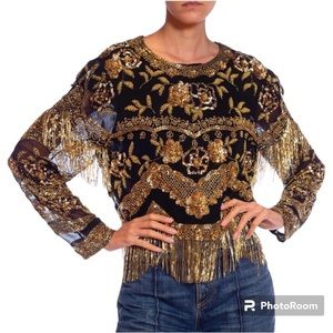 Black Tie Neiman Marcus Black & Gold Sequins Beaded Fringe rare vintage